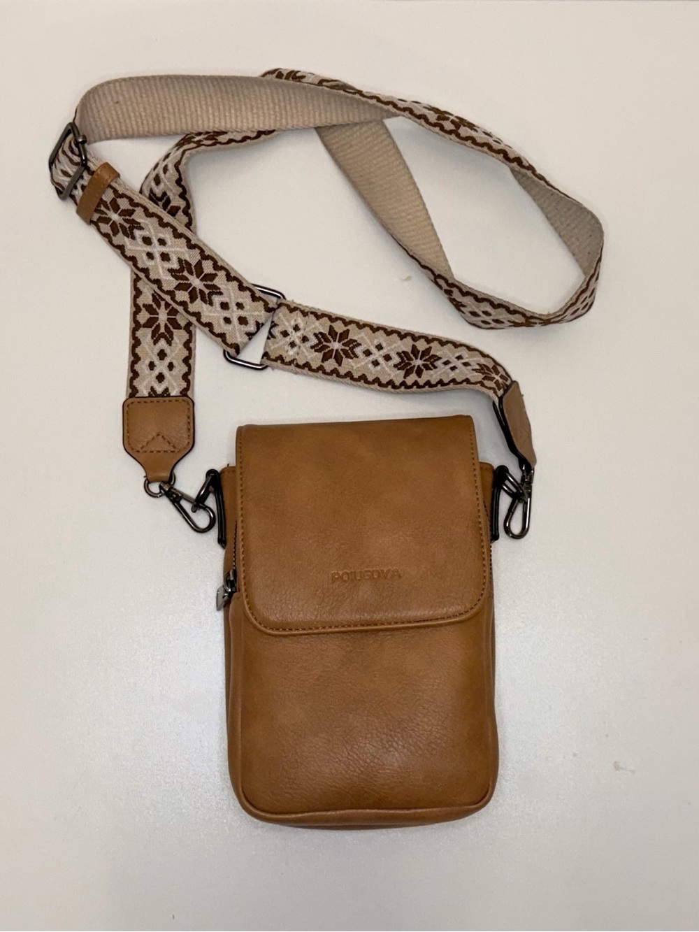POLO & CO Tan Leather Crossbody Phone Bag with Patterned Strap
